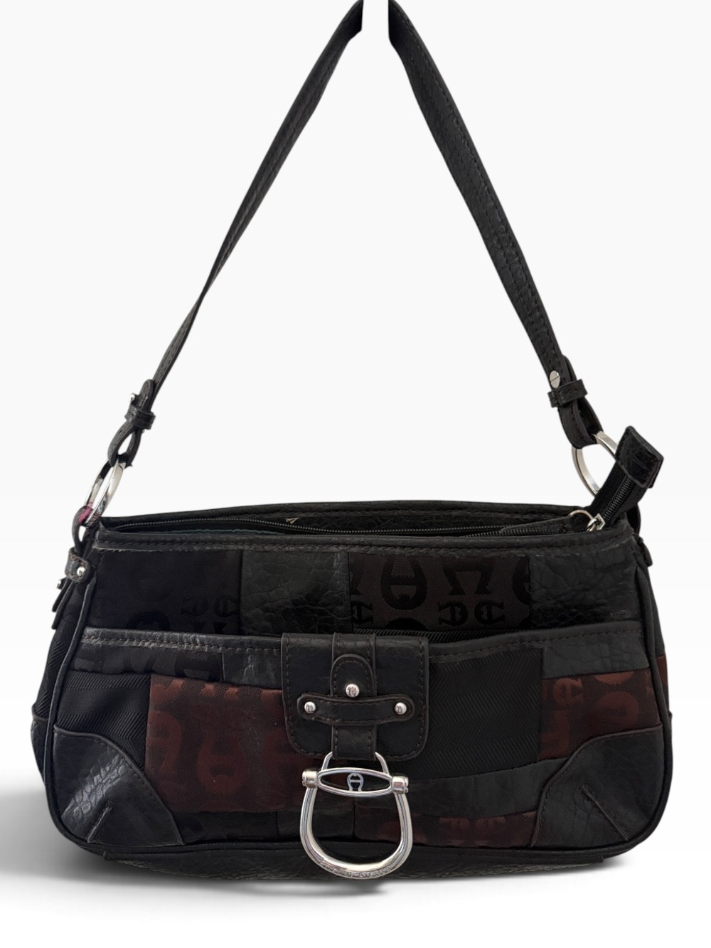 Vintage Y2K Black and Dark Brown logo patchwork Shoulder Bag with Silver Buckle